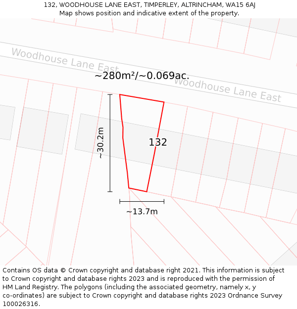 132, WOODHOUSE LANE EAST, TIMPERLEY, ALTRINCHAM, WA15 6AJ: Plot and title map