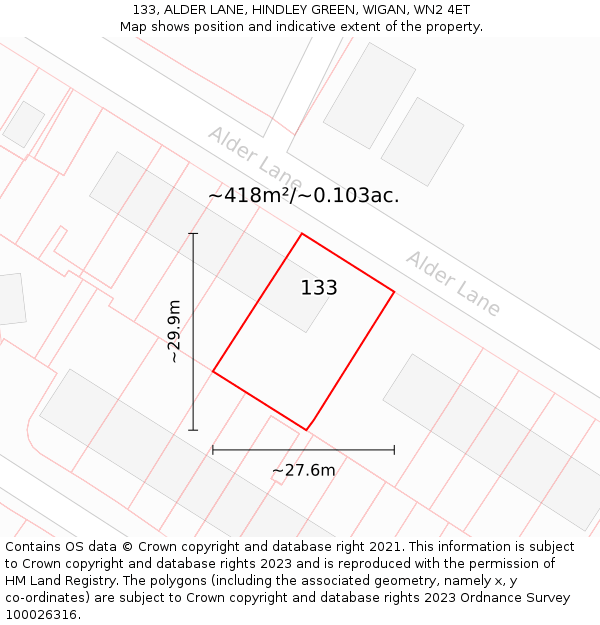 133, ALDER LANE, HINDLEY GREEN, WIGAN, WN2 4ET: Plot and title map