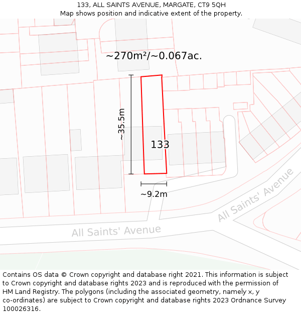 133, ALL SAINTS AVENUE, MARGATE, CT9 5QH: Plot and title map