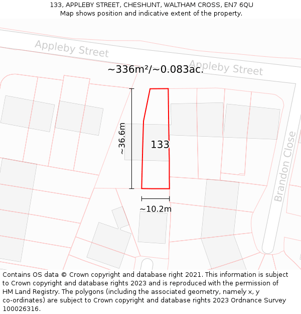 133, APPLEBY STREET, CHESHUNT, WALTHAM CROSS, EN7 6QU: Plot and title map