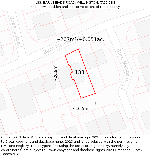 133, BARN MEADS ROAD, WELLINGTON, TA21 9BG: Plot and title map