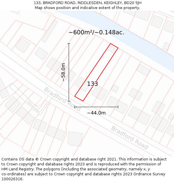 133, BRADFORD ROAD, RIDDLESDEN, KEIGHLEY, BD20 5JH: Plot and title map