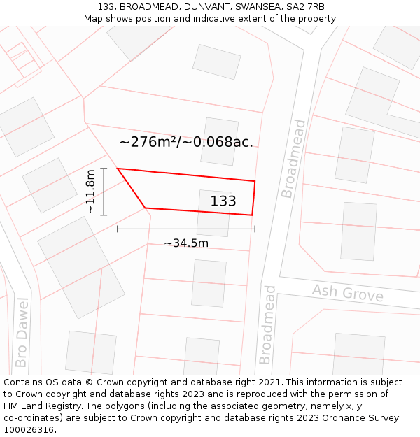 133, BROADMEAD, DUNVANT, SWANSEA, SA2 7RB: Plot and title map