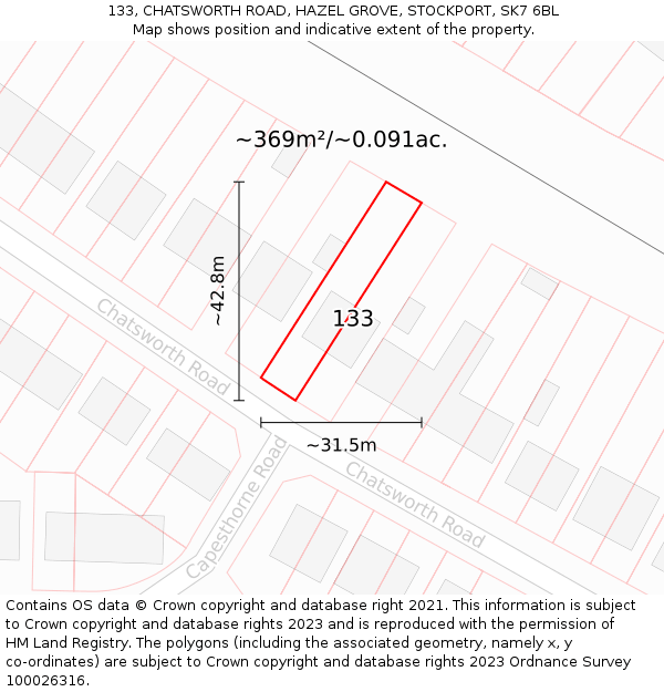 133, CHATSWORTH ROAD, HAZEL GROVE, STOCKPORT, SK7 6BL: Plot and title map