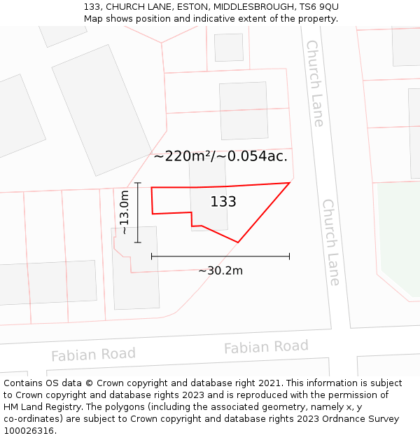 133, CHURCH LANE, ESTON, MIDDLESBROUGH, TS6 9QU: Plot and title map