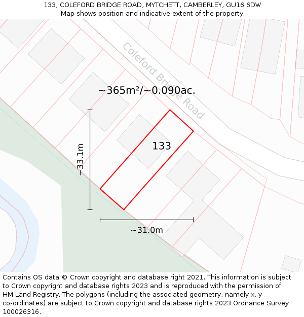 133, COLEFORD BRIDGE ROAD, MYTCHETT, CAMBERLEY, GU16 6DW: Plot and title map