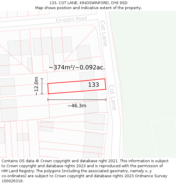 133, COT LANE, KINGSWINFORD, DY6 9SD: Plot and title map