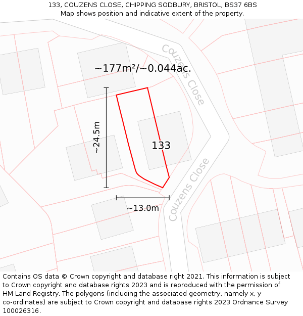 133, COUZENS CLOSE, CHIPPING SODBURY, BRISTOL, BS37 6BS: Plot and title map