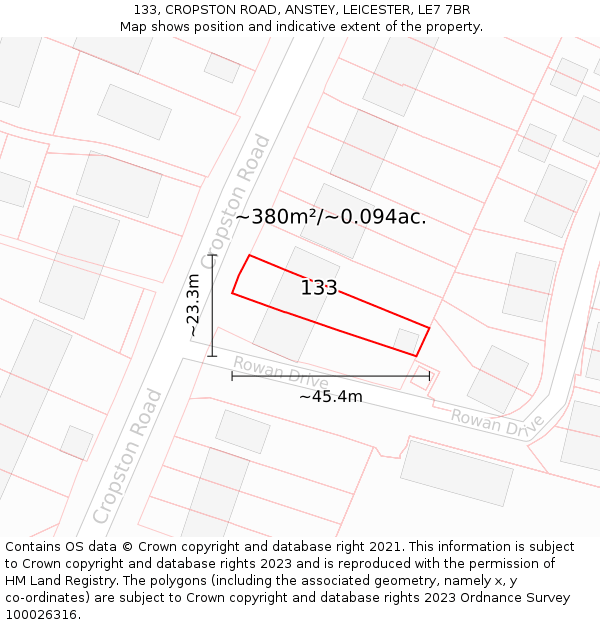 133, CROPSTON ROAD, ANSTEY, LEICESTER, LE7 7BR: Plot and title map