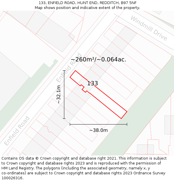 133, ENFIELD ROAD, HUNT END, REDDITCH, B97 5NF: Plot and title map