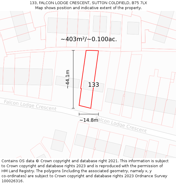 133, FALCON LODGE CRESCENT, SUTTON COLDFIELD, B75 7LX: Plot and title map