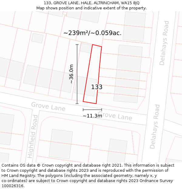 133, GROVE LANE, HALE, ALTRINCHAM, WA15 8JQ: Plot and title map