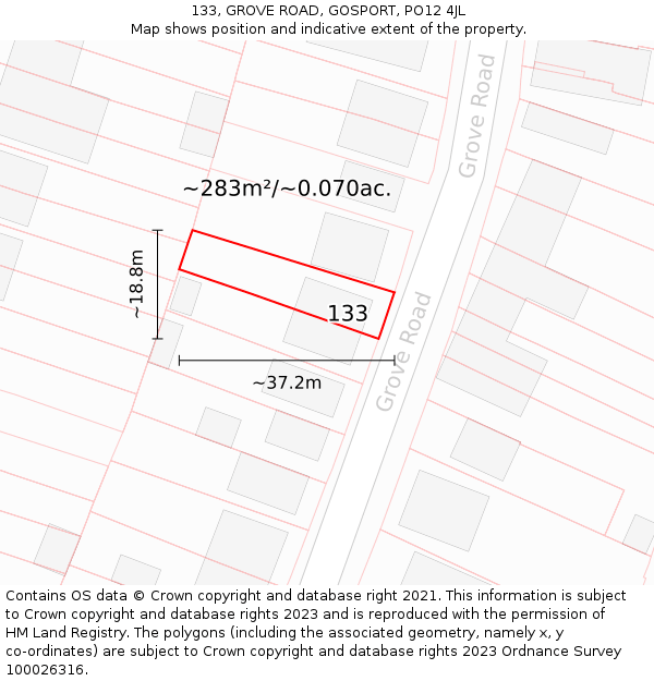 133, GROVE ROAD, GOSPORT, PO12 4JL: Plot and title map