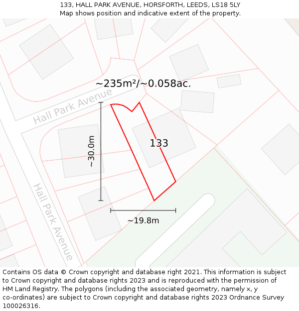 133, HALL PARK AVENUE, HORSFORTH, LEEDS, LS18 5LY: Plot and title map