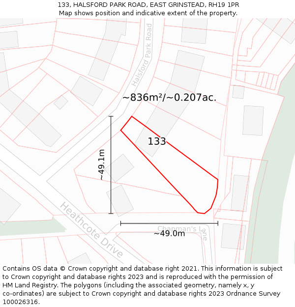 133, HALSFORD PARK ROAD, EAST GRINSTEAD, RH19 1PR: Plot and title map