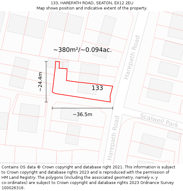 133, HAREPATH ROAD, SEATON, EX12 2EU: Plot and title map