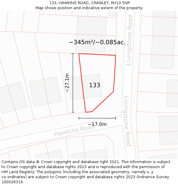 133, HAWKINS ROAD, CRAWLEY, RH10 5NP: Plot and title map