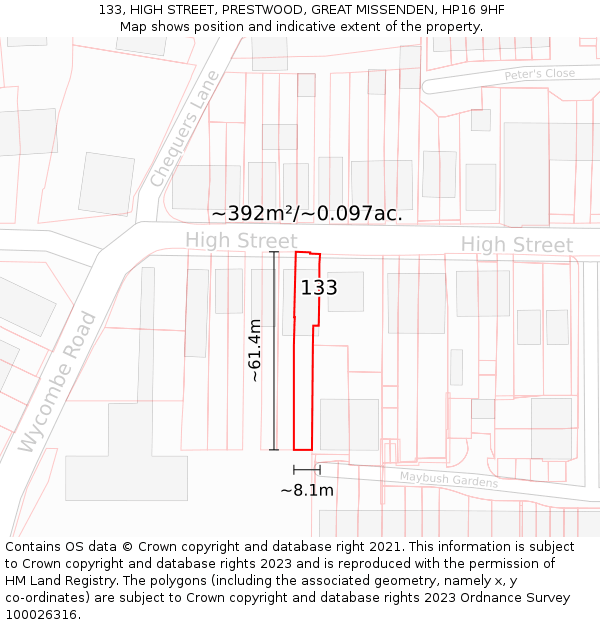 133, HIGH STREET, PRESTWOOD, GREAT MISSENDEN, HP16 9HF: Plot and title map