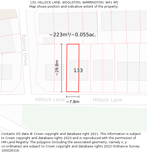 133, HILLOCK LANE, WOOLSTON, WARRINGTON, WA1 4PJ: Plot and title map