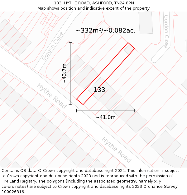 133, HYTHE ROAD, ASHFORD, TN24 8PN: Plot and title map