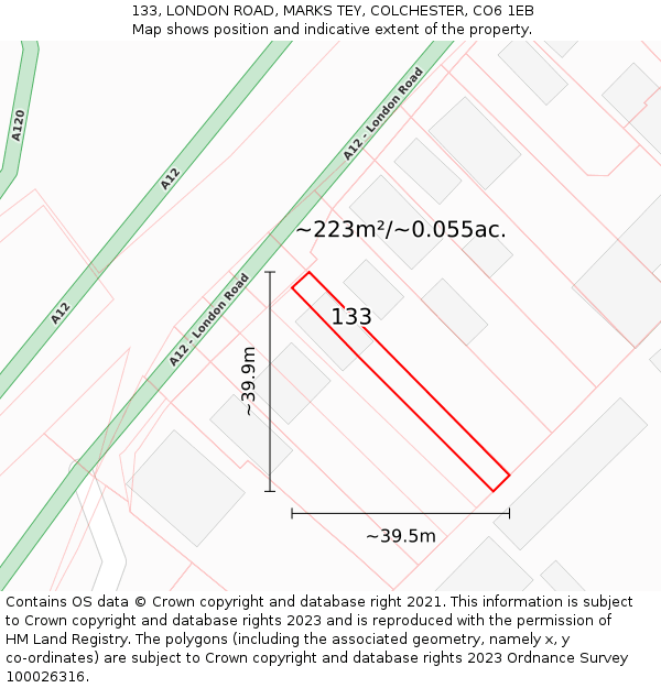 133, LONDON ROAD, MARKS TEY, COLCHESTER, CO6 1EB: Plot and title map