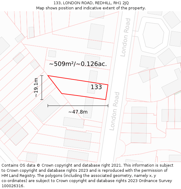 133, LONDON ROAD, REDHILL, RH1 2JQ: Plot and title map