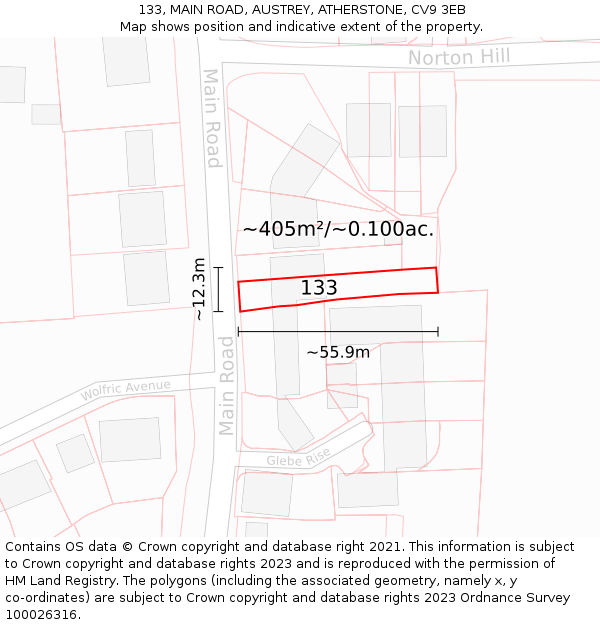 133, MAIN ROAD, AUSTREY, ATHERSTONE, CV9 3EB: Plot and title map