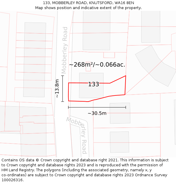 133, MOBBERLEY ROAD, KNUTSFORD, WA16 8EN: Plot and title map