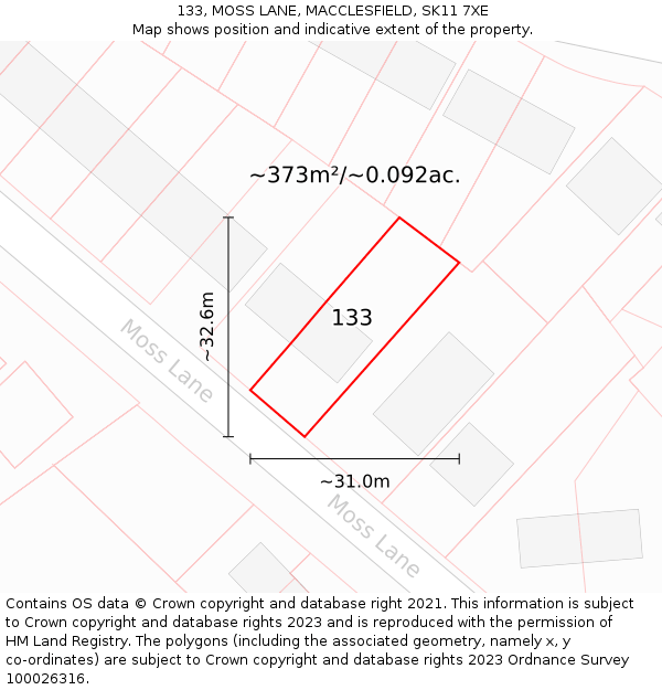 133, MOSS LANE, MACCLESFIELD, SK11 7XE: Plot and title map