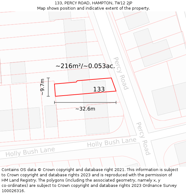 133, PERCY ROAD, HAMPTON, TW12 2JP: Plot and title map