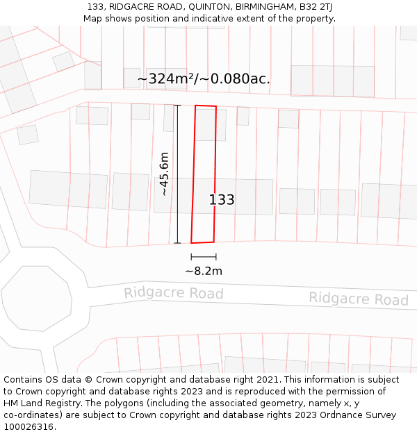 133, RIDGACRE ROAD, QUINTON, BIRMINGHAM, B32 2TJ: Plot and title map