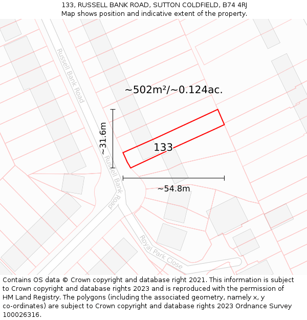 133, RUSSELL BANK ROAD, SUTTON COLDFIELD, B74 4RJ: Plot and title map