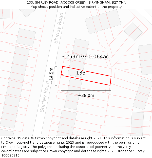 133, SHIRLEY ROAD, ACOCKS GREEN, BIRMINGHAM, B27 7NN: Plot and title map