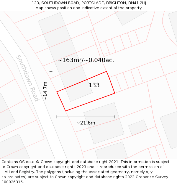 133, SOUTHDOWN ROAD, PORTSLADE, BRIGHTON, BN41 2HJ: Plot and title map