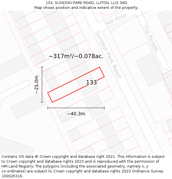 133, SUNDON PARK ROAD, LUTON, LU3 3AD: Plot and title map