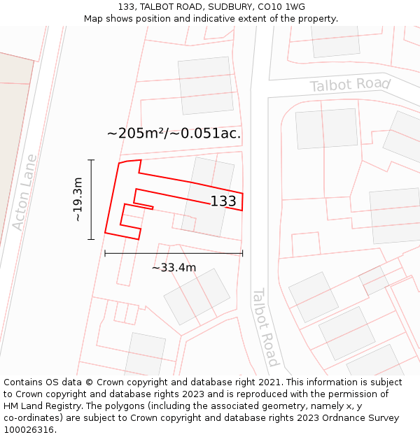 133, TALBOT ROAD, SUDBURY, CO10 1WG: Plot and title map