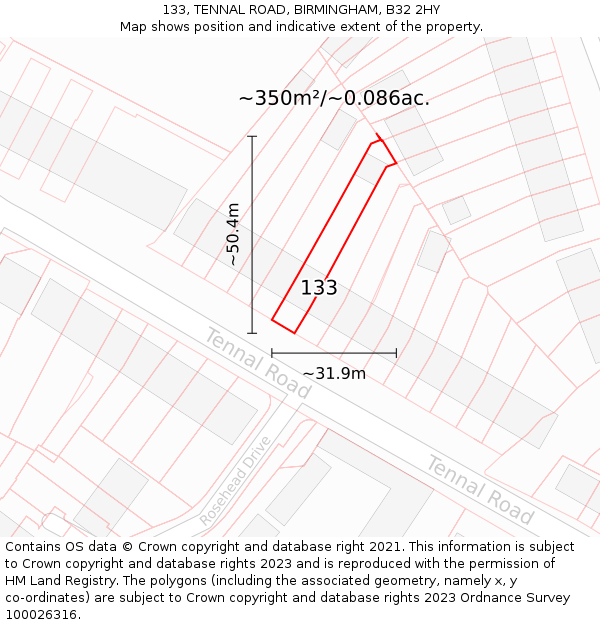 133, TENNAL ROAD, BIRMINGHAM, B32 2HY: Plot and title map