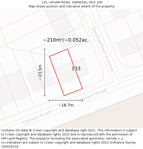 133, UPHAM ROAD, SWINDON, SN3 1DP: Plot and title map