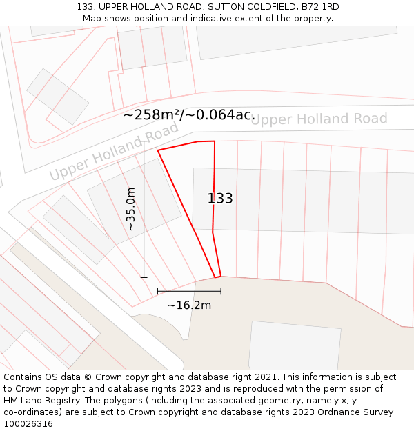 133, UPPER HOLLAND ROAD, SUTTON COLDFIELD, B72 1RD: Plot and title map