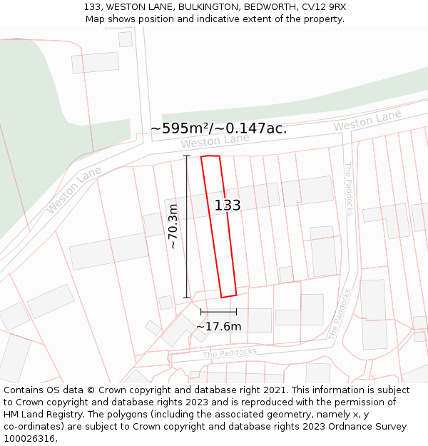 133, WESTON LANE, BULKINGTON, BEDWORTH, CV12 9RX: Plot and title map