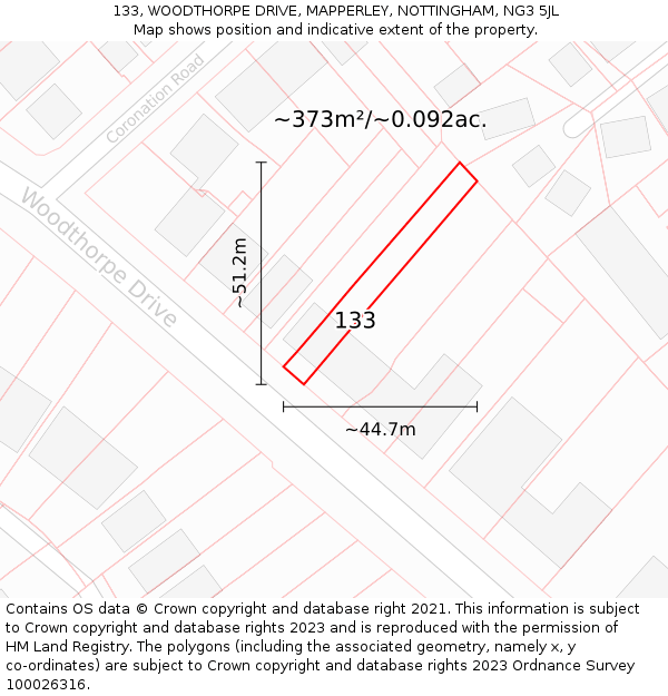 133, WOODTHORPE DRIVE, MAPPERLEY, NOTTINGHAM, NG3 5JL: Plot and title map