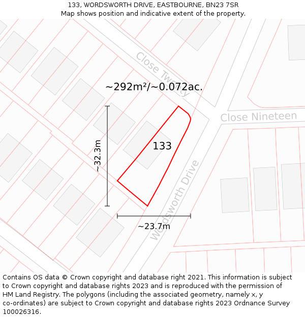 133, WORDSWORTH DRIVE, EASTBOURNE, BN23 7SR: Plot and title map