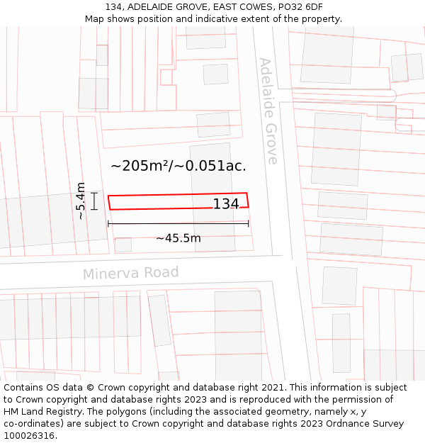 134, ADELAIDE GROVE, EAST COWES, PO32 6DF: Plot and title map