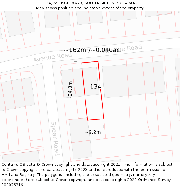 134, AVENUE ROAD, SOUTHAMPTON, SO14 6UA: Plot and title map