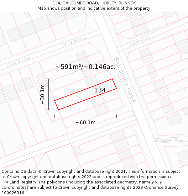 134, BALCOMBE ROAD, HORLEY, RH6 9DS: Plot and title map