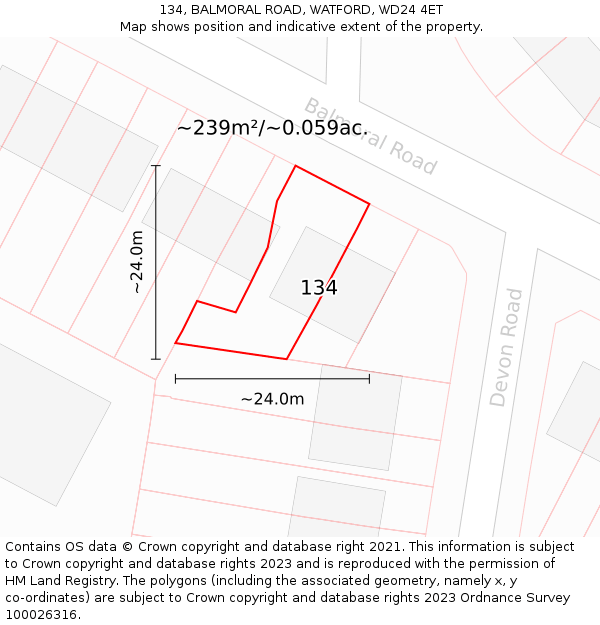 134, BALMORAL ROAD, WATFORD, WD24 4ET: Plot and title map