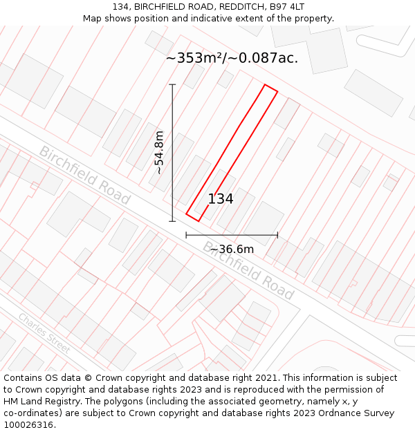 134, BIRCHFIELD ROAD, REDDITCH, B97 4LT: Plot and title map