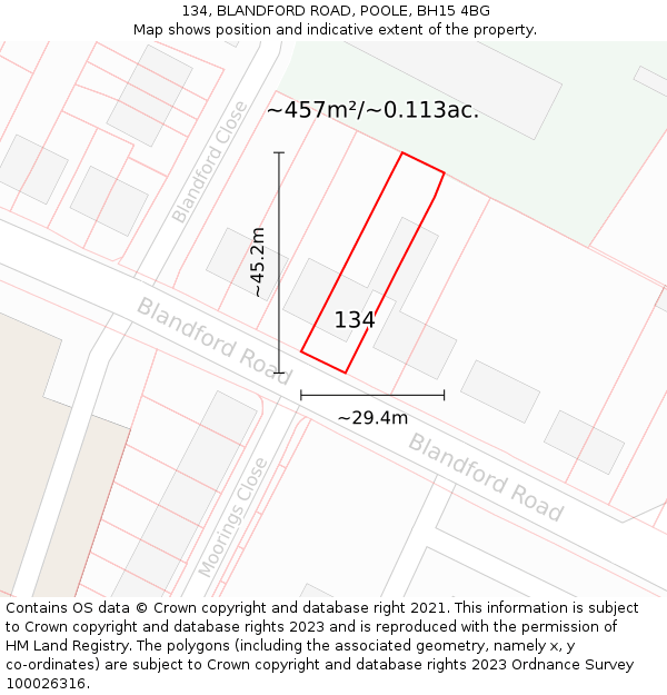 134, BLANDFORD ROAD, POOLE, BH15 4BG: Plot and title map