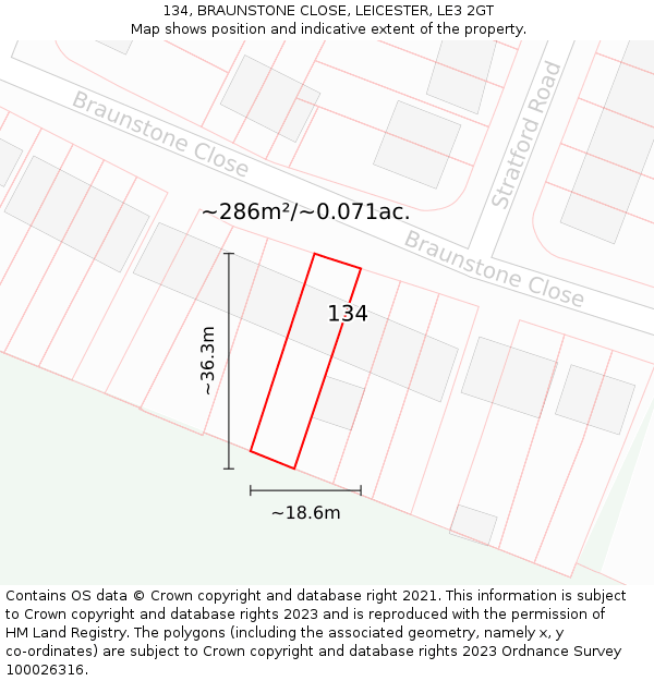 134, BRAUNSTONE CLOSE, LEICESTER, LE3 2GT: Plot and title map