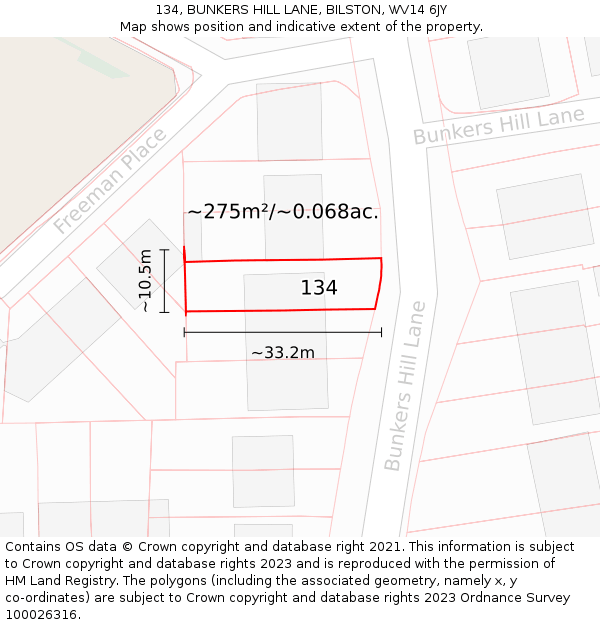 134, BUNKERS HILL LANE, BILSTON, WV14 6JY: Plot and title map